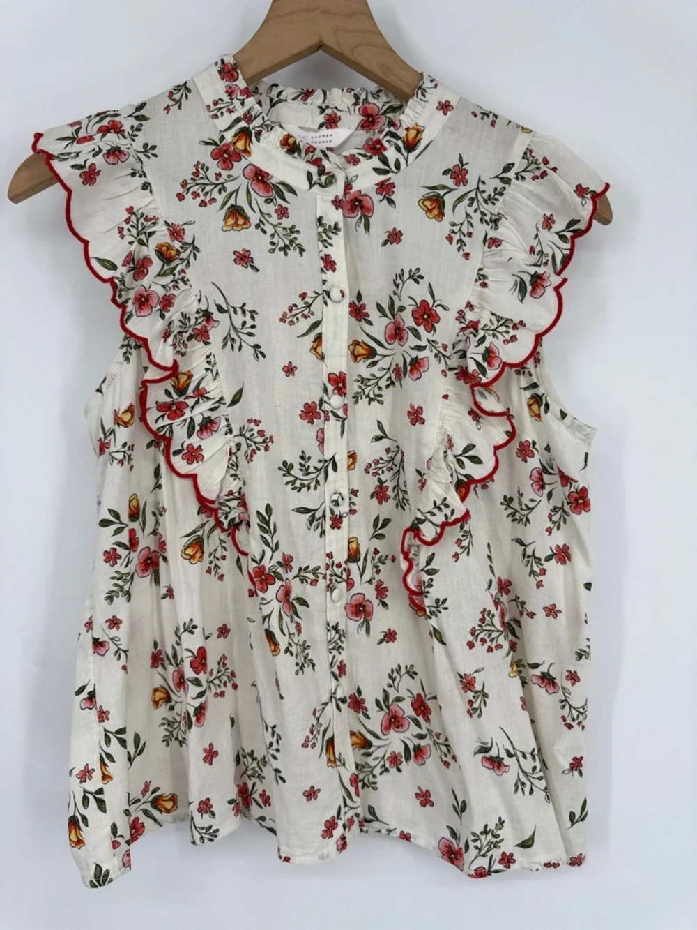 LC Lauren Conrad Floral Ruffle Sleeveless Blouse - White with Red Floral Trim - Picture 1 of 7